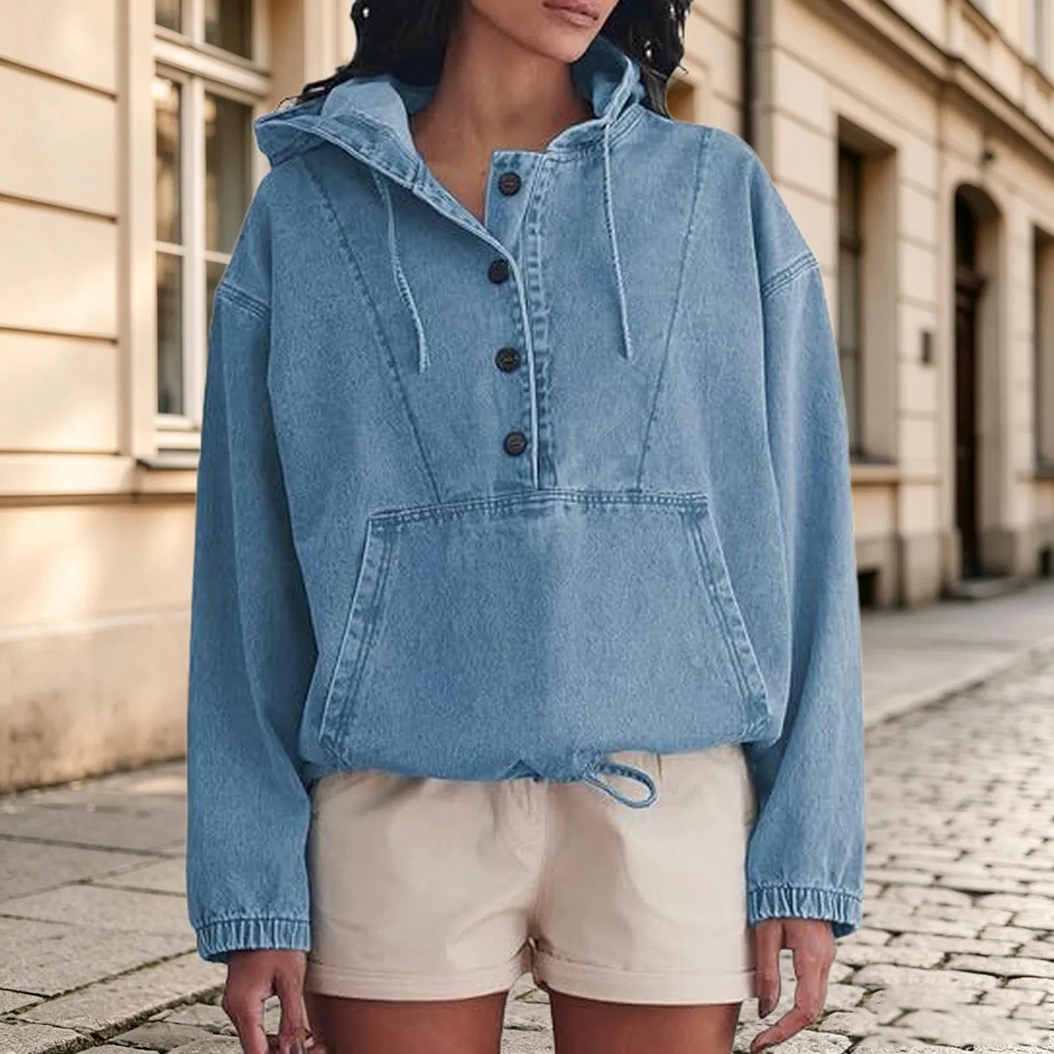 Женская джинсовая куртка oversize с капюшоном и длинным рукавом, Blu — фото 2