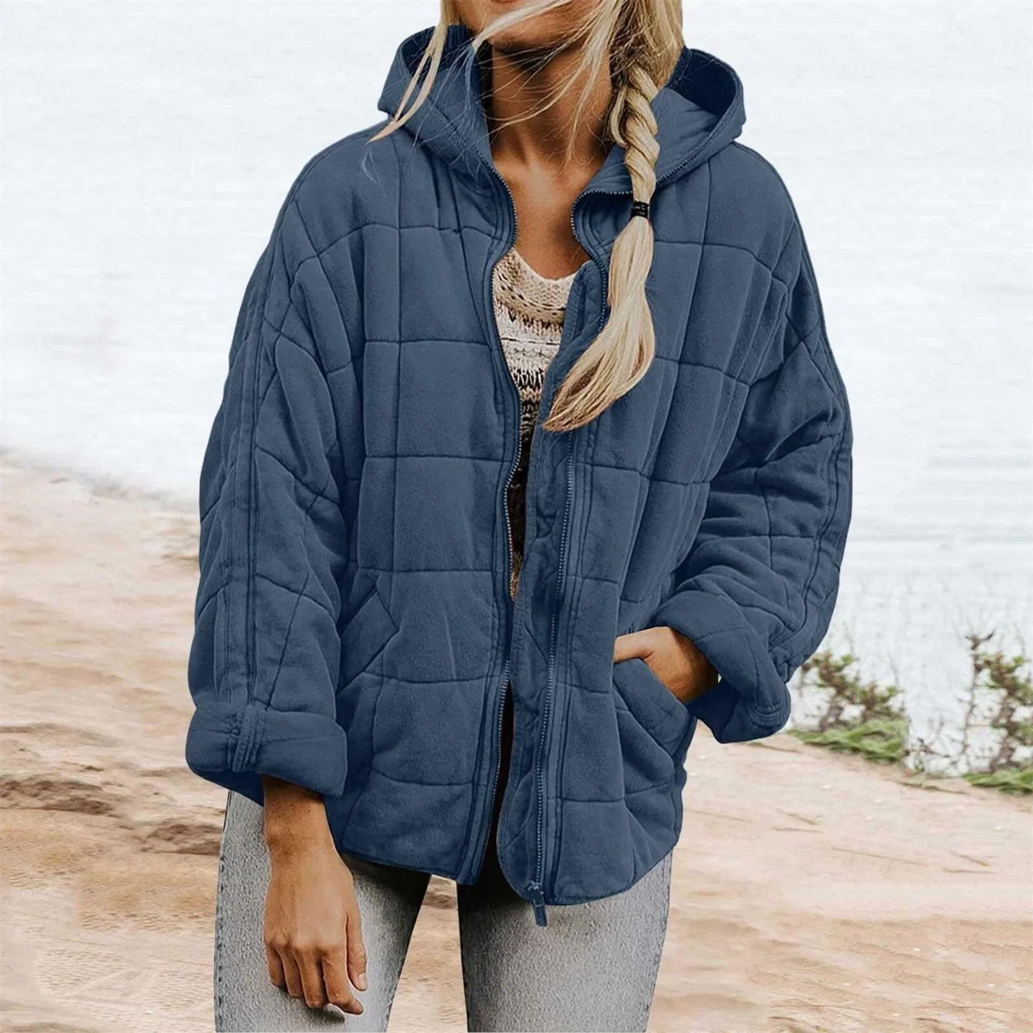 Женская легкая стеганая куртка oversize с длинным рукавом, Blu navy-1 — фото 2