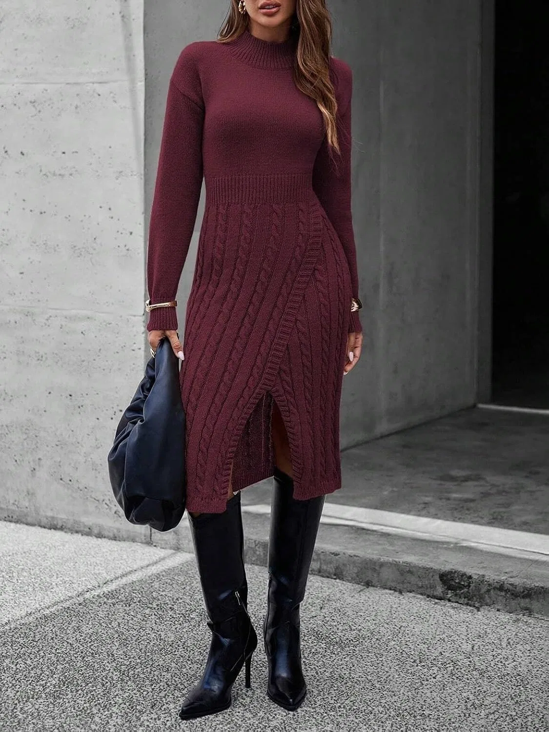 Женское вязаное платье миди с поясом Casual, Burgundy — фото 4