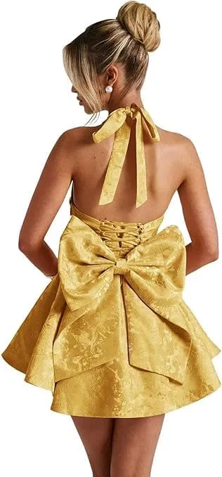 Женское атласное коктейльное платье с бантом, Gold
