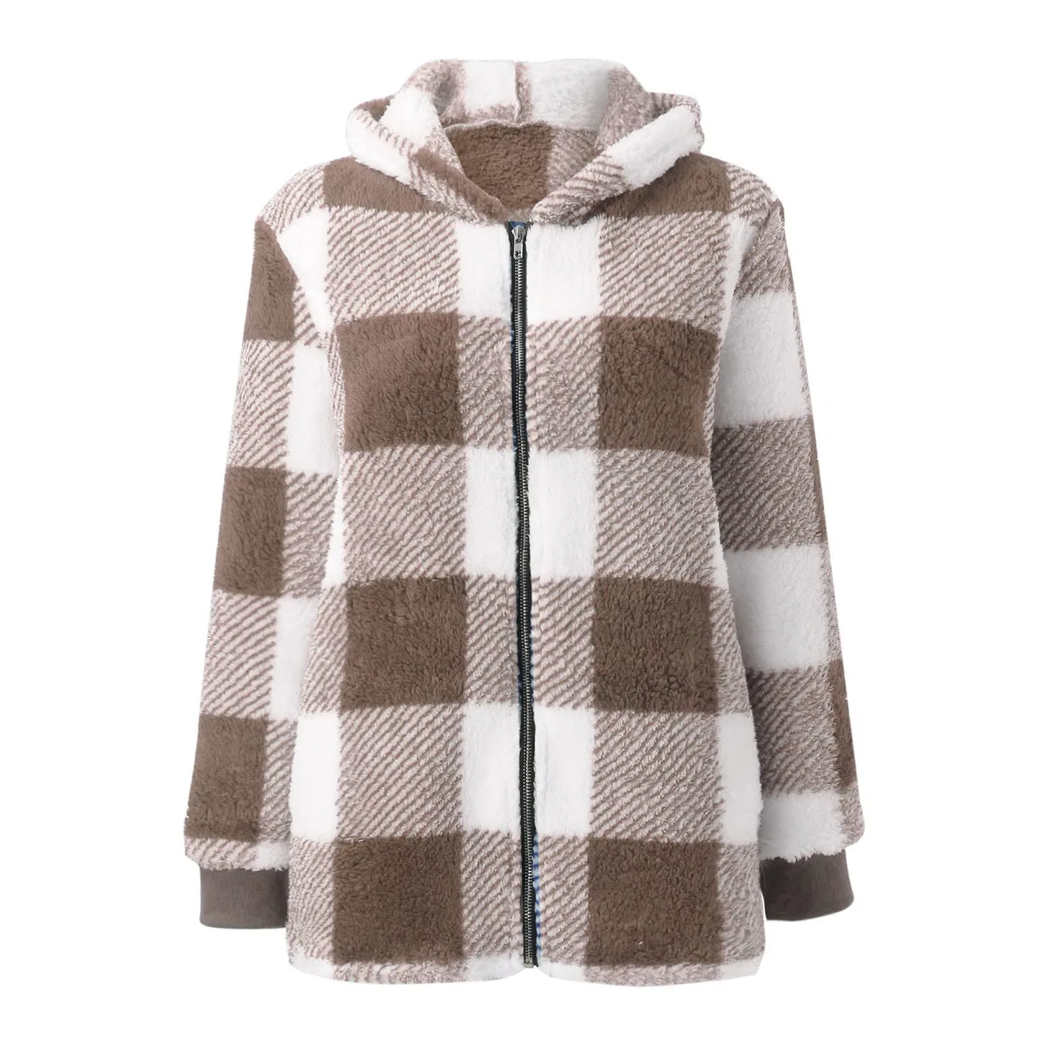 Женская куртка на флисе с капюшоном, на молнии, с длинным рукавом, dark khaki — фото 4