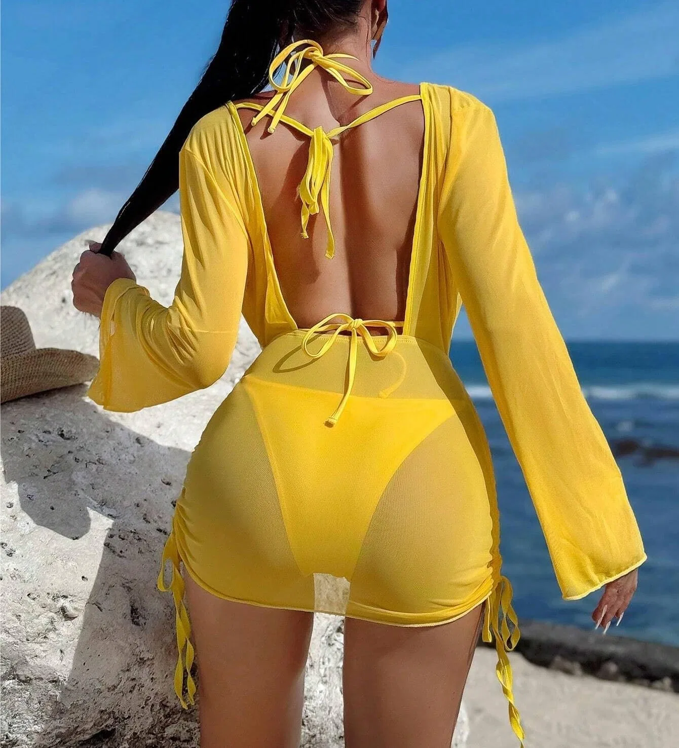 Женский бикини-комплект из 3 предметов с завязками на шее, Yellow — фото 3