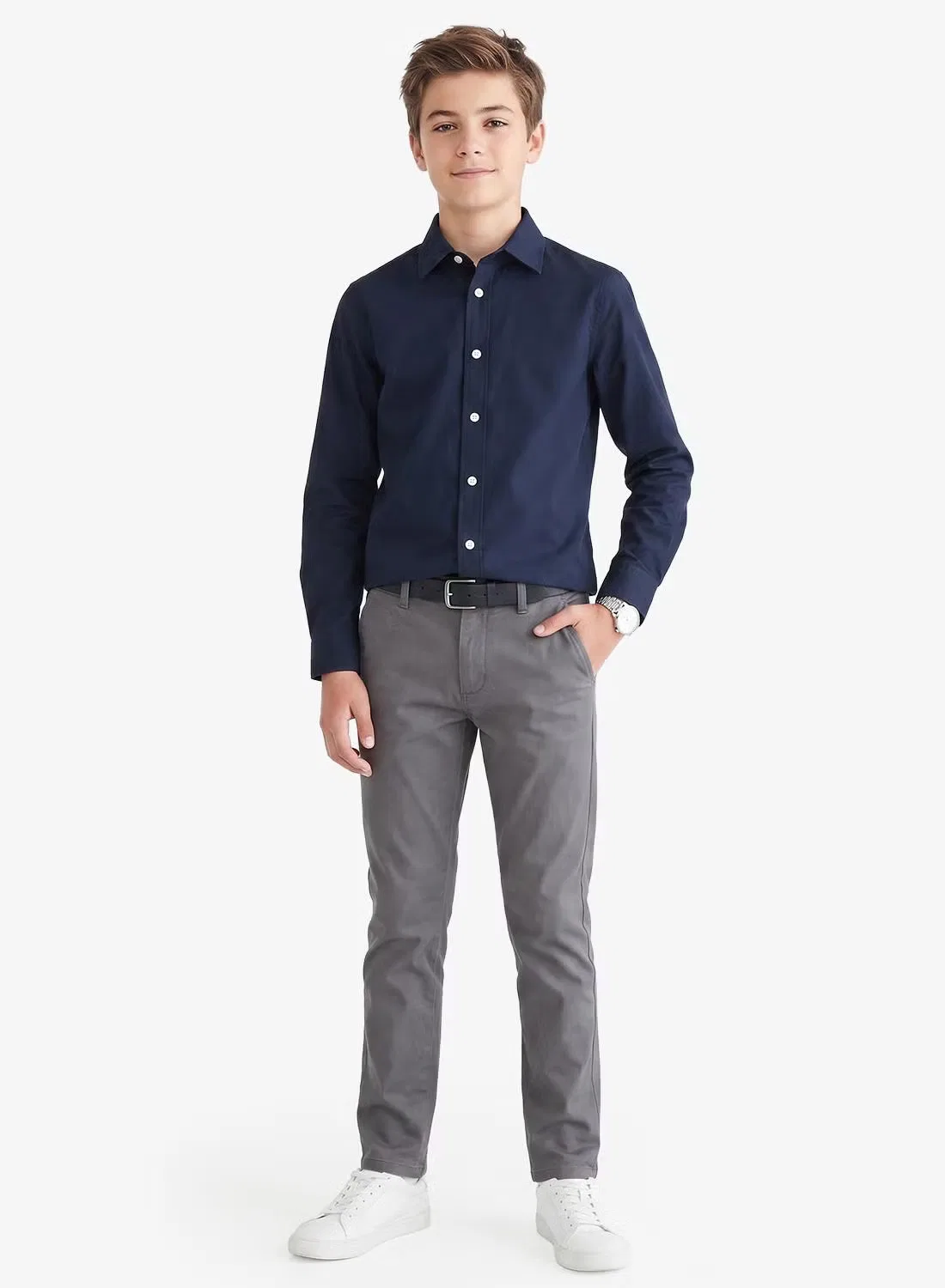 Рубашка классическая однотонная детская Jack & Jones Junior, темно-синий — фото 4