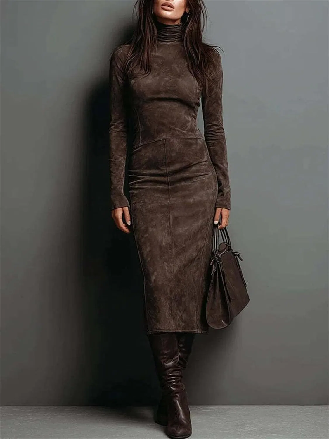 Женское облегающее платье миди с высоким воротом Faux Suede, Brown — фото 3