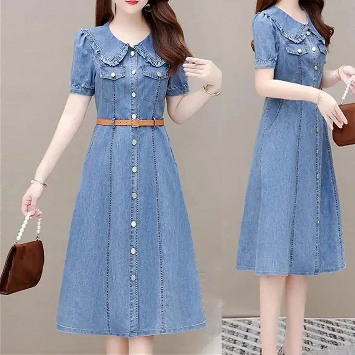 Женское джинсовое платье с отложным воротником Slim Fit, Blue — фото 4