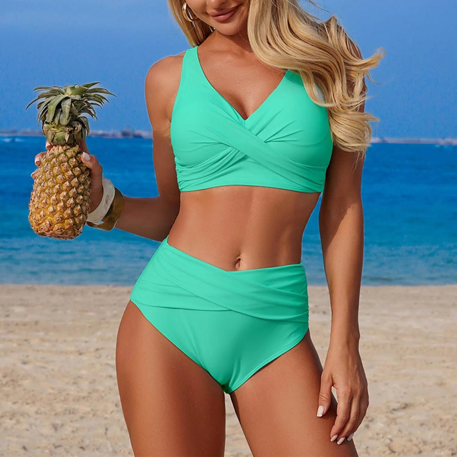 Женский танкини-комплект с V-образным вырезом и завышенной талией Mint Green — фото 2