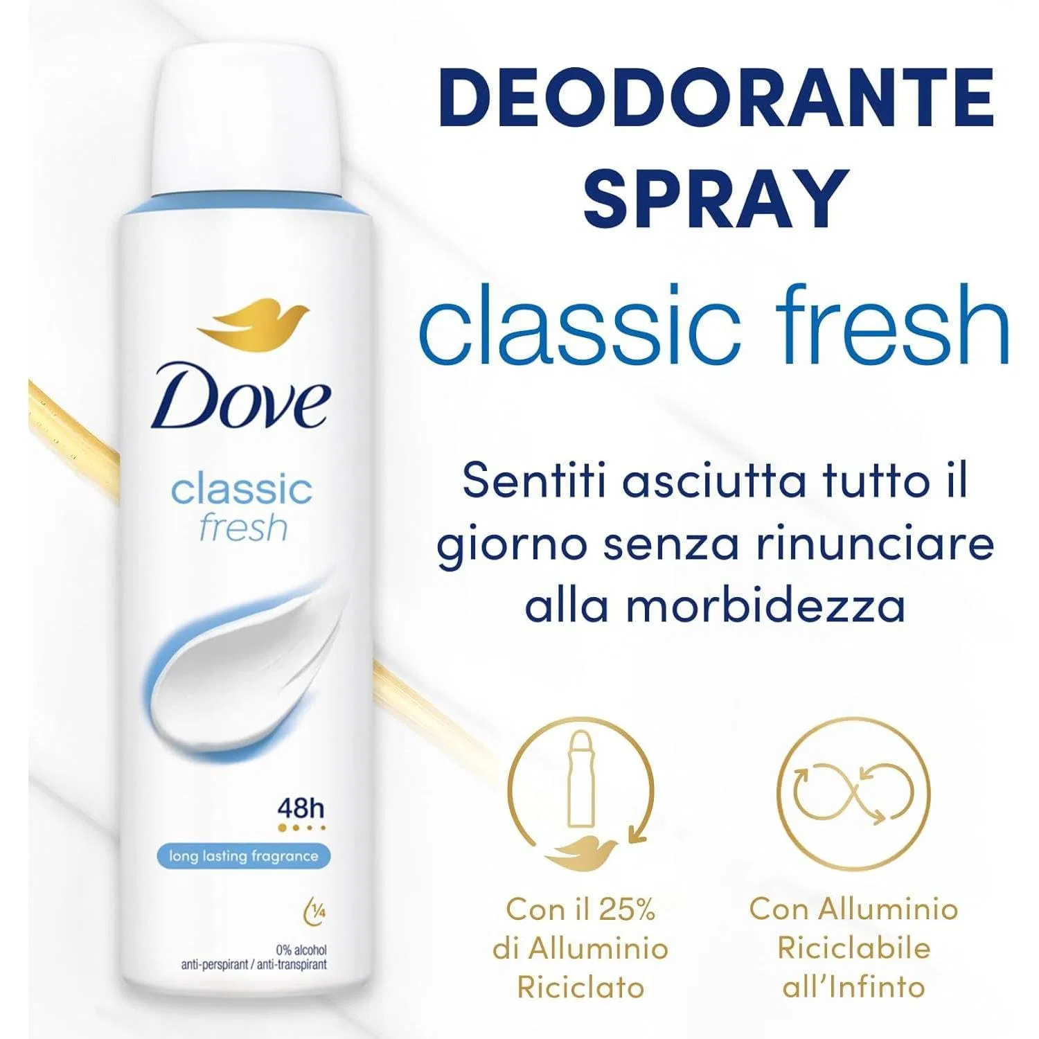 Дезодорант-антиперспирант аэрозольный Dove Classic Fresh, 48H, без алкоголя, 150 мл, 12 шт, пудровый — фото 2