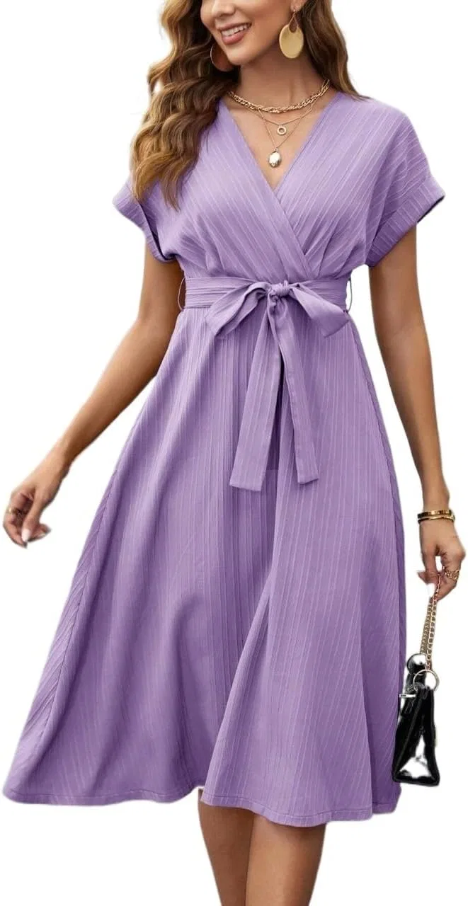 Женское повседневное платье миди с поясом и рукавами-кимоно, Mauve Purple