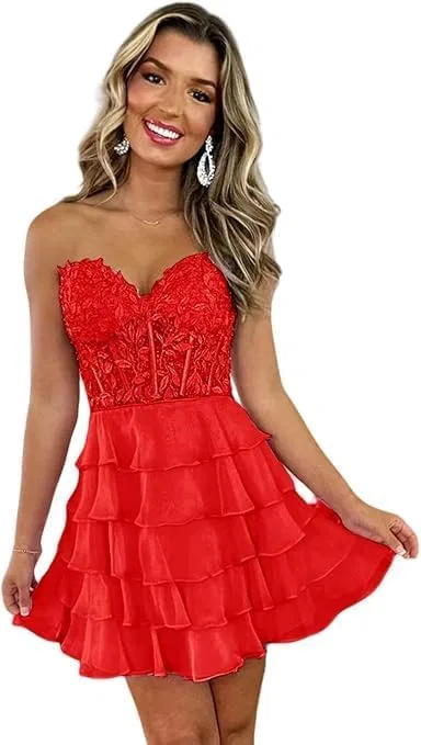 Женское короткое платье из шифона с кружевными воланами Prom, Red