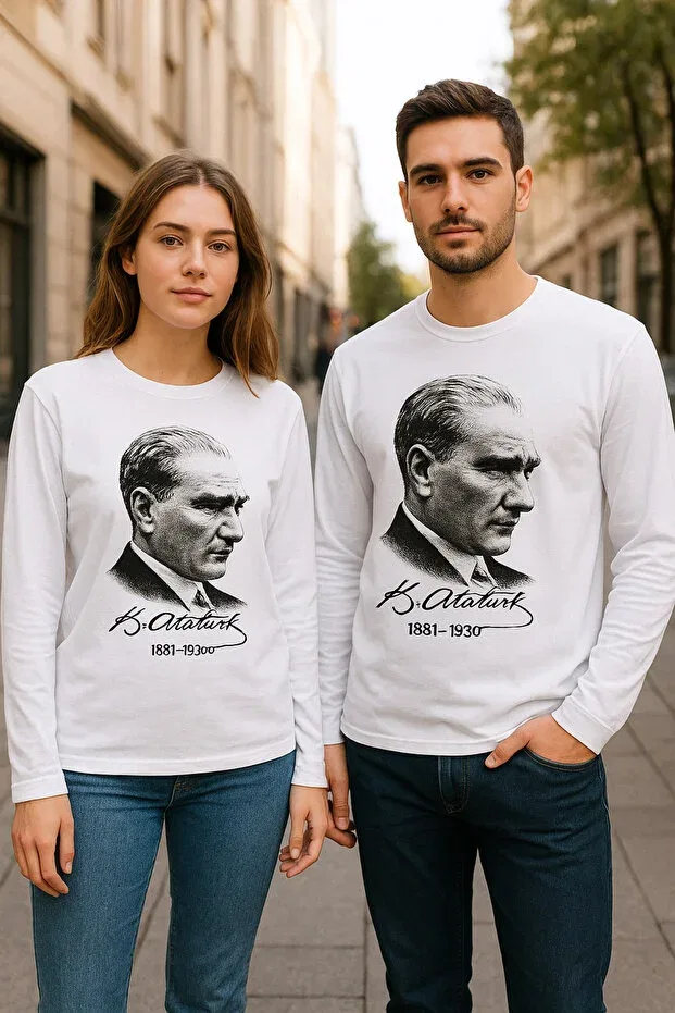 Детская футболка с принтом Ataturk Picture Long Sleeve T-Shirt Cotton Couis, White