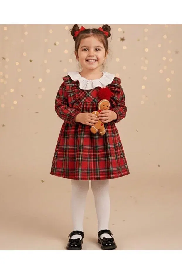 Детское платье для девочек с плиссе New year's ruffled plaid stylish pompom single dress Baby Rose, Red