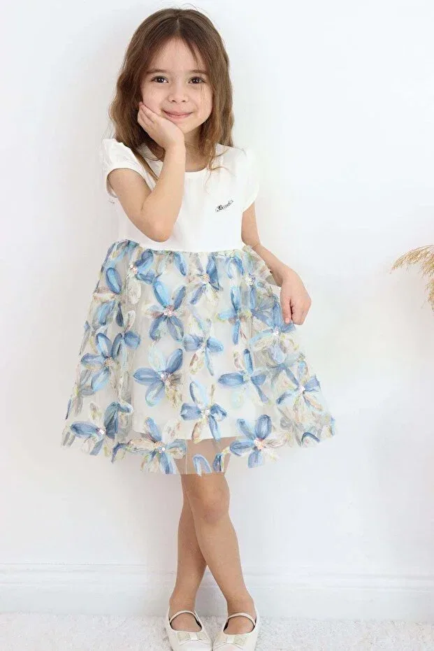 Детское платье для девочек с цветочным принтом 3D Daisy Flower Applique And Sequin Detail Breeze, Ecru — фото 4