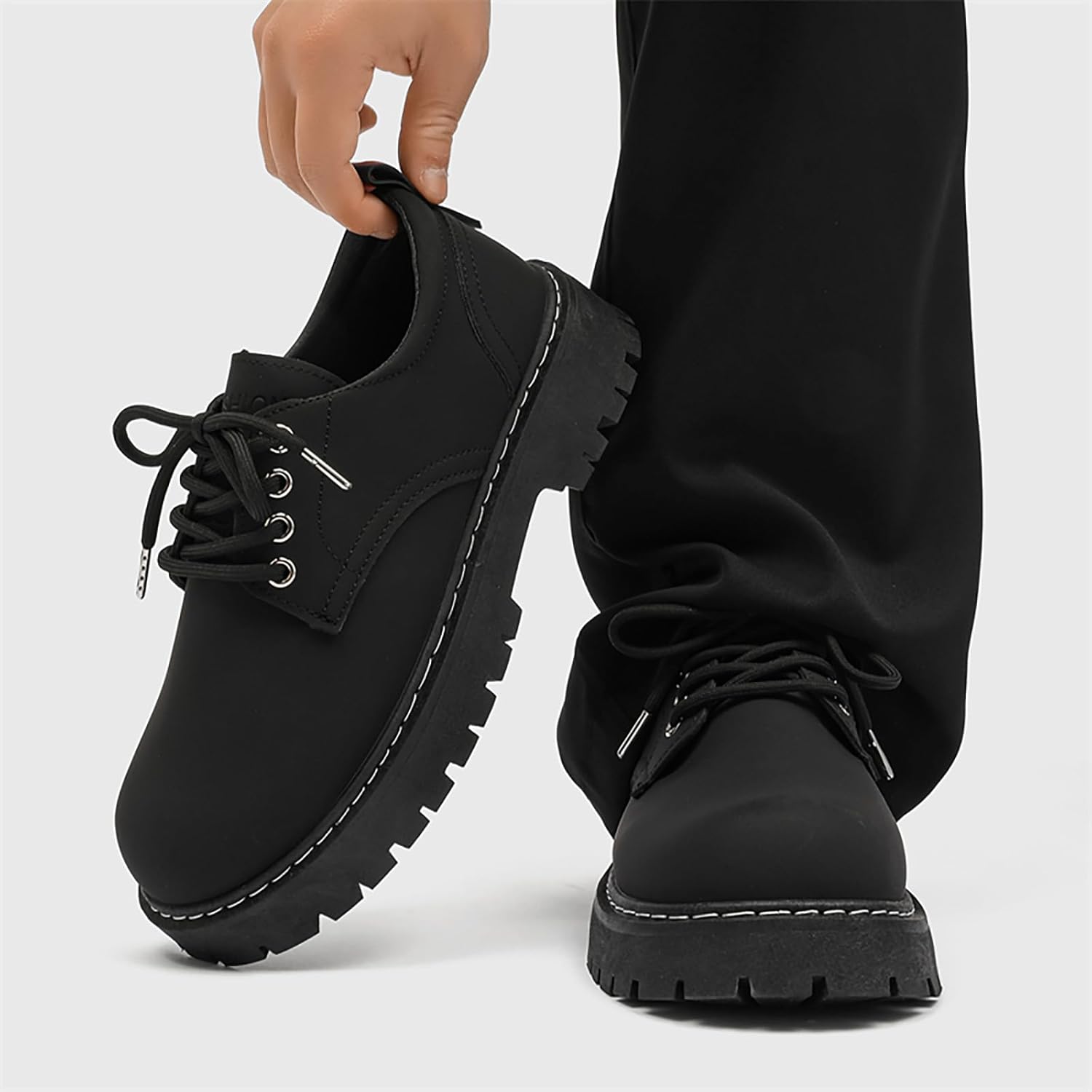 Мужские черные кожаные туфли с платформой Oxfords, классический круглый носок, шнуровка, массивный каблук, удобные, с противоскользящей подошвой, дерби Ryvz Tynx — фото 2