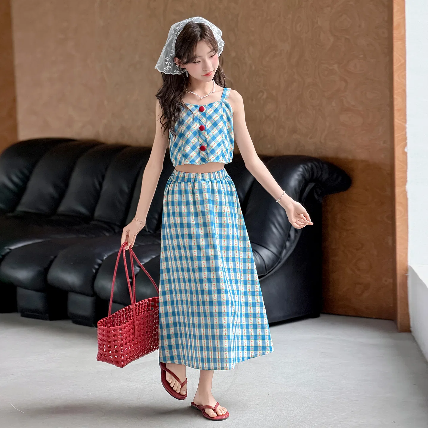 Детский комплект из топа и юбки с принтом Blue Plaid Clothing Sets YALU — фото 3