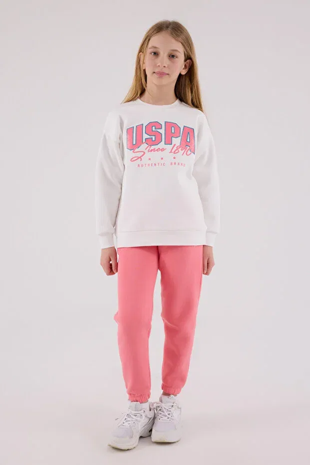 Детский комплект спортивного костюма для девочек с вышивкой U.S. Polo Assn., White — фото 3