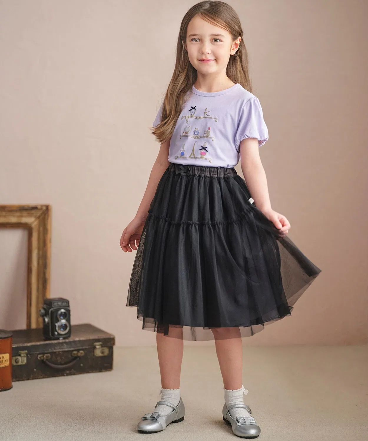 Детская футболка с объемным принтом косметики, с коротким рукавом Kumikyoku KIDS, Sax Blue — фото 4
