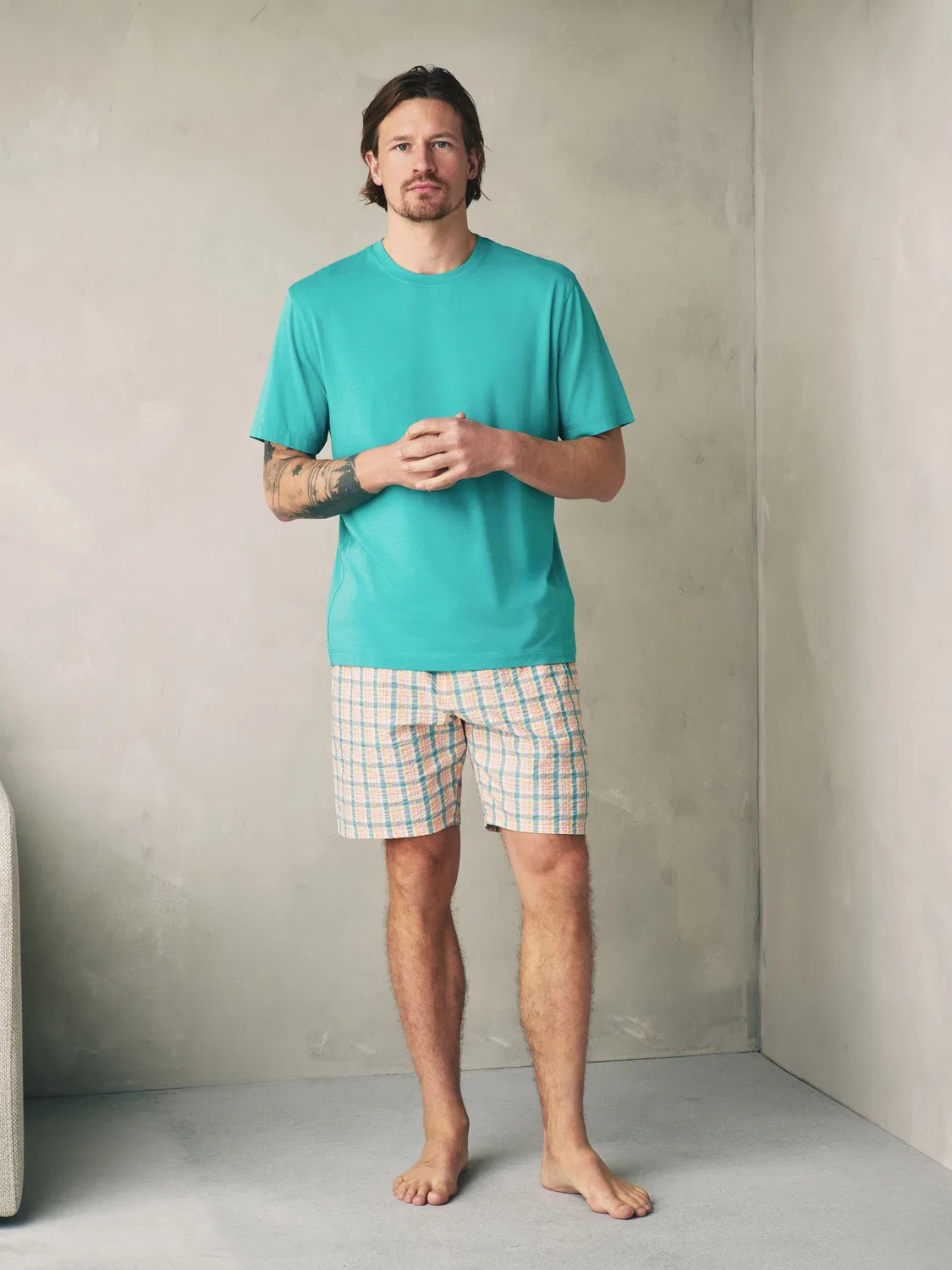 Пижама из хлопка с принтом в клетку, Teal Blue Next