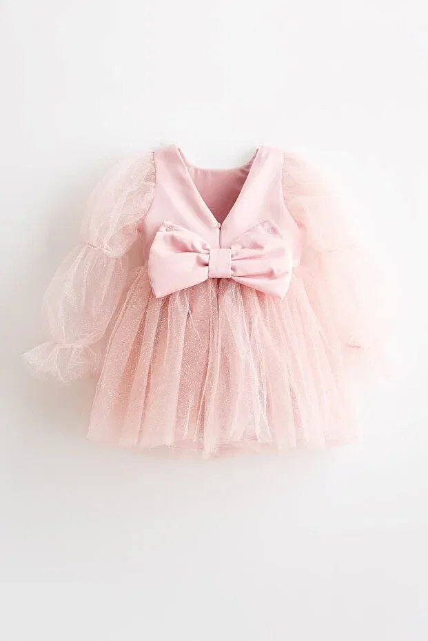 Детское платье для девочек с длинным рукавом Pearlie ruffled sleeve glitter tulle girls' dress Banamio, Powder — фото 2