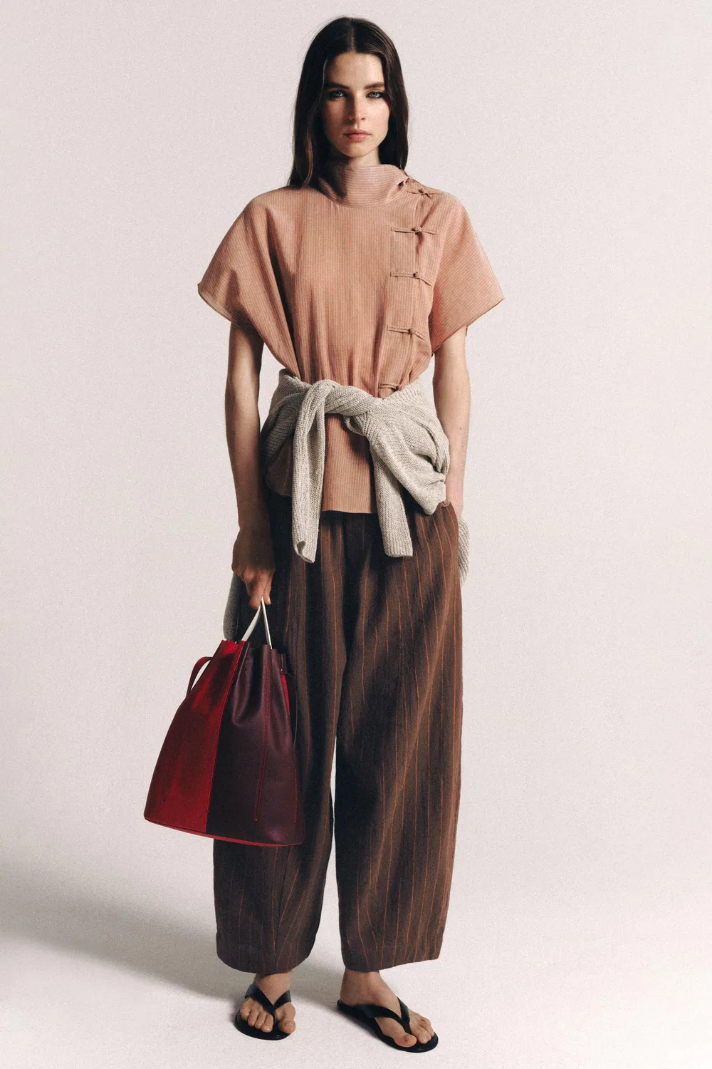 Брюки из полосатой льняной смеси из коллекции ZW ZARA, Brown — фото 2