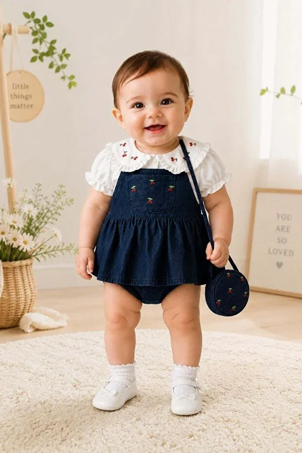 Детский комплект для девочек джинсовый с вышивкой вишни Cantoy, Dark Blue