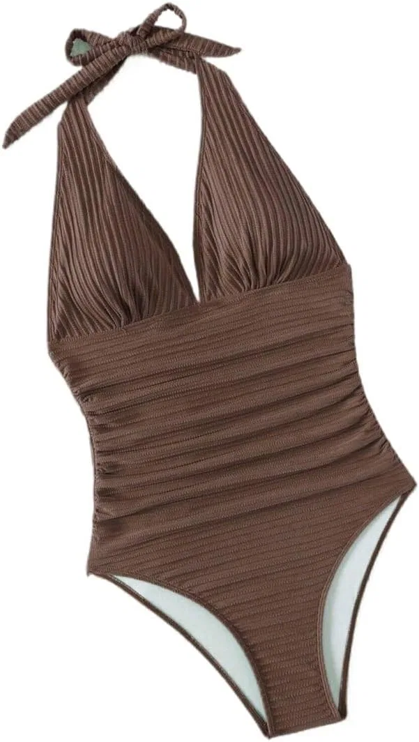 Женский цельный купальник с открытой спиной и завязками Halter, Brown — фото 3