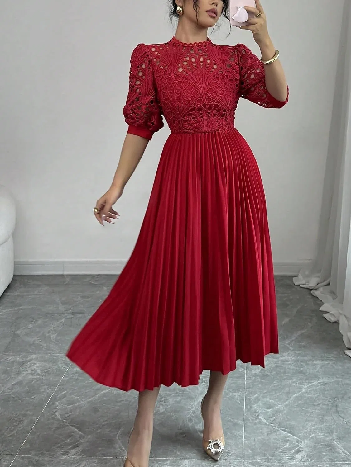 Женское повседневное платье миди с плиссе коротким рукавом, Red — фото 4