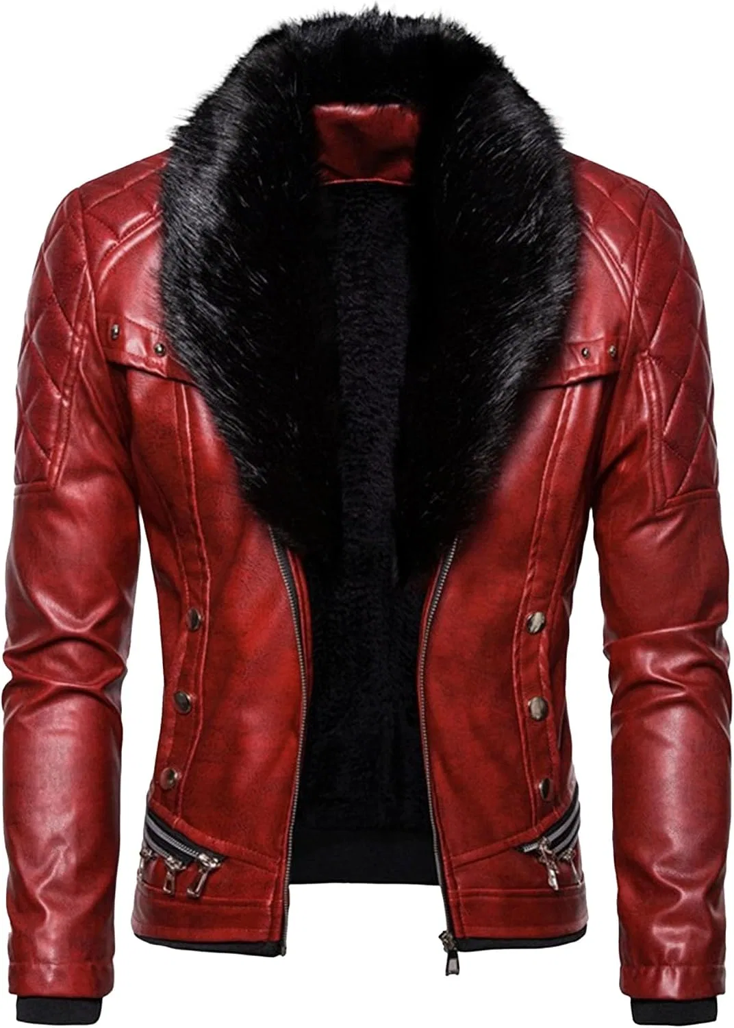 Мужская куртка из кожи с молнией и съемным меховым воротником, Steampunk Leather Jacket, красный