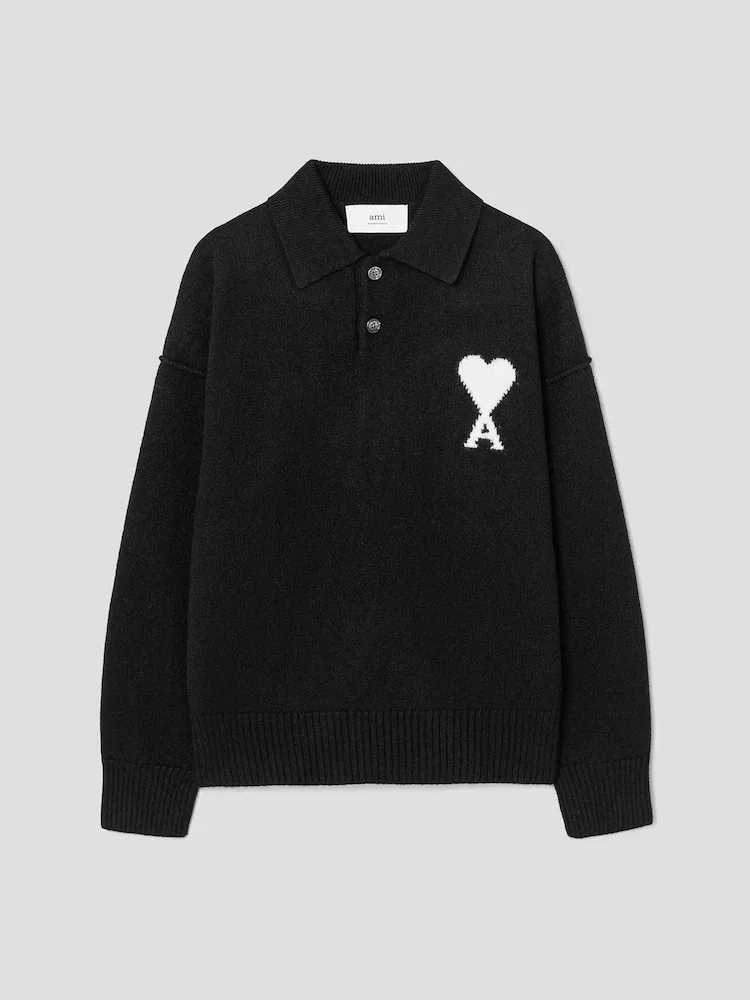 Свитер поло с интарсией, Adc Intarsia Felted Polo Sweater AMI PARIS, Black/Off-White
