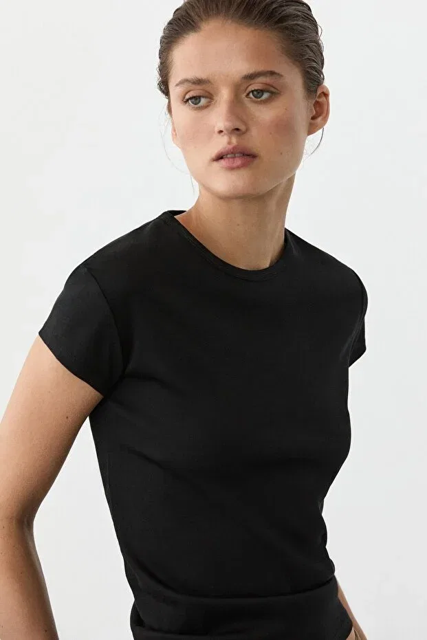 Женская футболка с коротким рукавом хлопковая Massimo Dutti, Black — фото 4