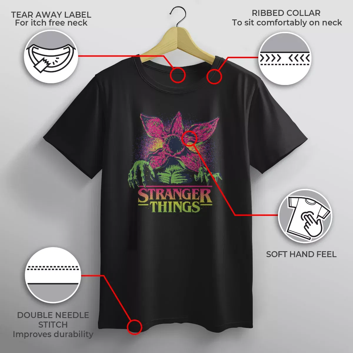 Детская футболка с принтом Stranger Things Demogorgon Neon Pixel Logo, Stranger Things, Black — фото 3