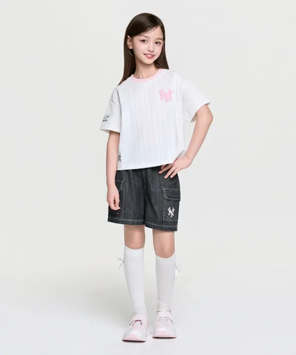 Сет из футболки с джинсовыми шортами, полосатый, Mlb Kids, светло-серый — фото 4