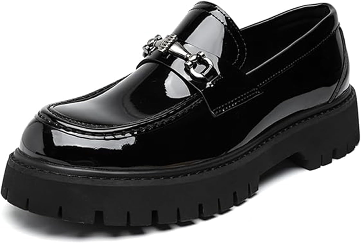 

Мужские лаковые лоферы на платформе с монетным разрезом, комфортным круглым носком, металлическим декором, повседневные, с нескользящей подошвой Generic, черный