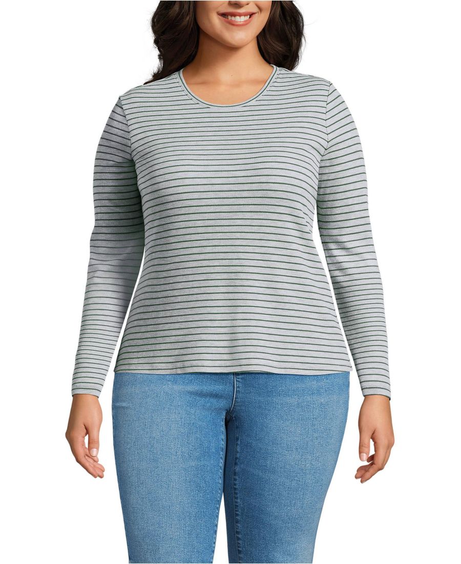 

Легкая футболка больших размеров с длинными рукавами и круглым вырезом из вафельной ткани Lands' End, Gray mini breton stripe