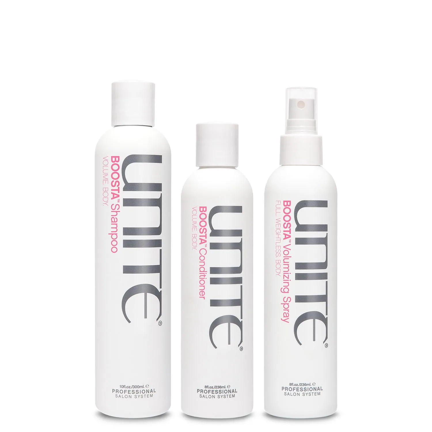 UNITE Hair - Шампунь, кондиционер и спрей для придания объема BOOSTA - Придает объем, пышность и блеск - Для тонких волос - 10 жидких унций, 8 жидких унций и 8 жидких унций