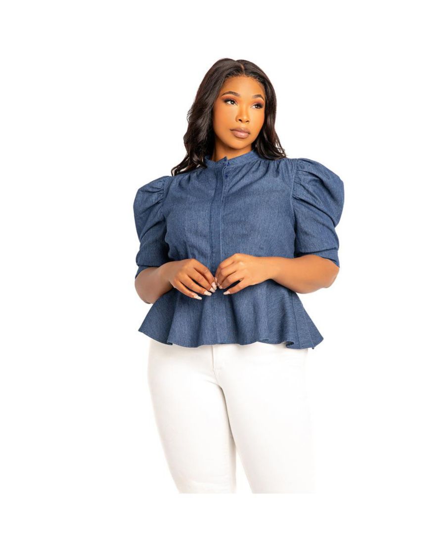 

Женская блузка большого размера из джинсовой ткани с присборенными рукавами и баской Buxom Couture, Denim blue