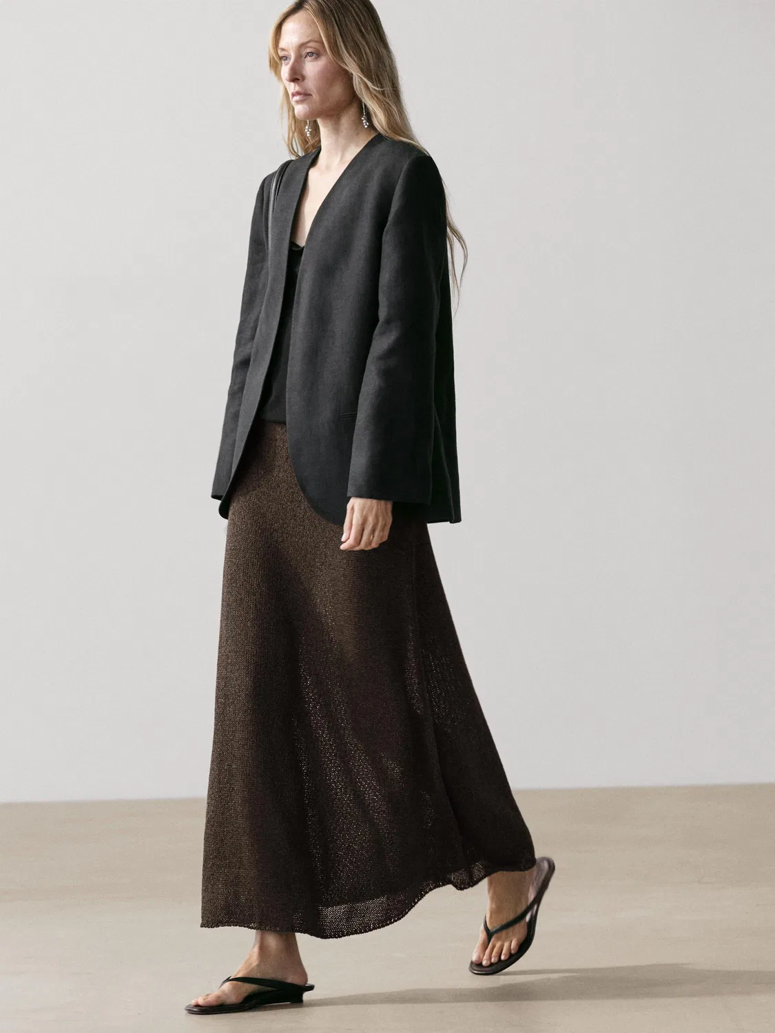Длинная трикотажная юбка из смесовой хлопковой ткани Massimo Dutti, шоколадный — фото 3