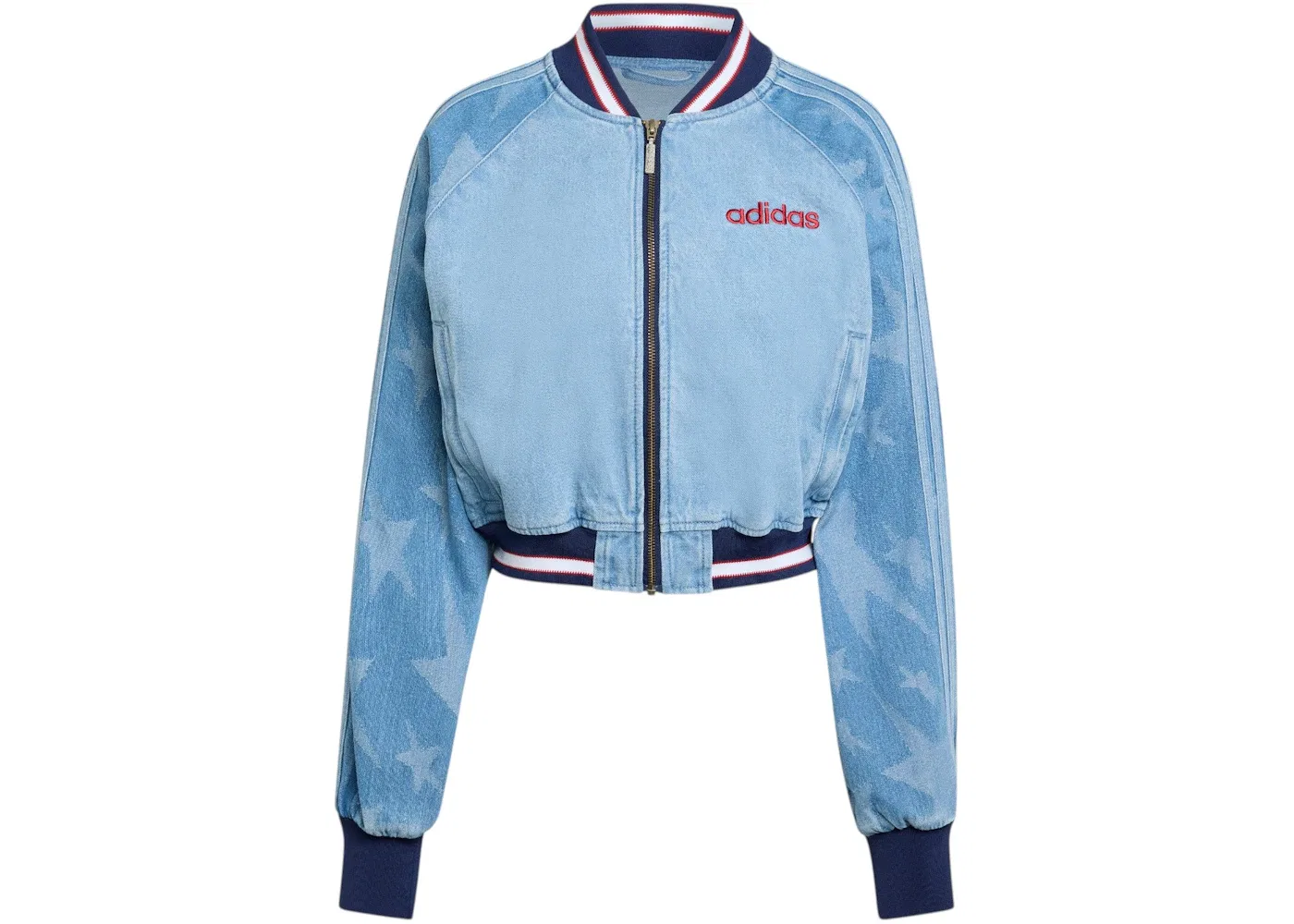 Женская джинсовая куртка-бомбер с графическим принтом Superstar Denim Graphic Varsity Adidas, цвет Medium Blue Denim