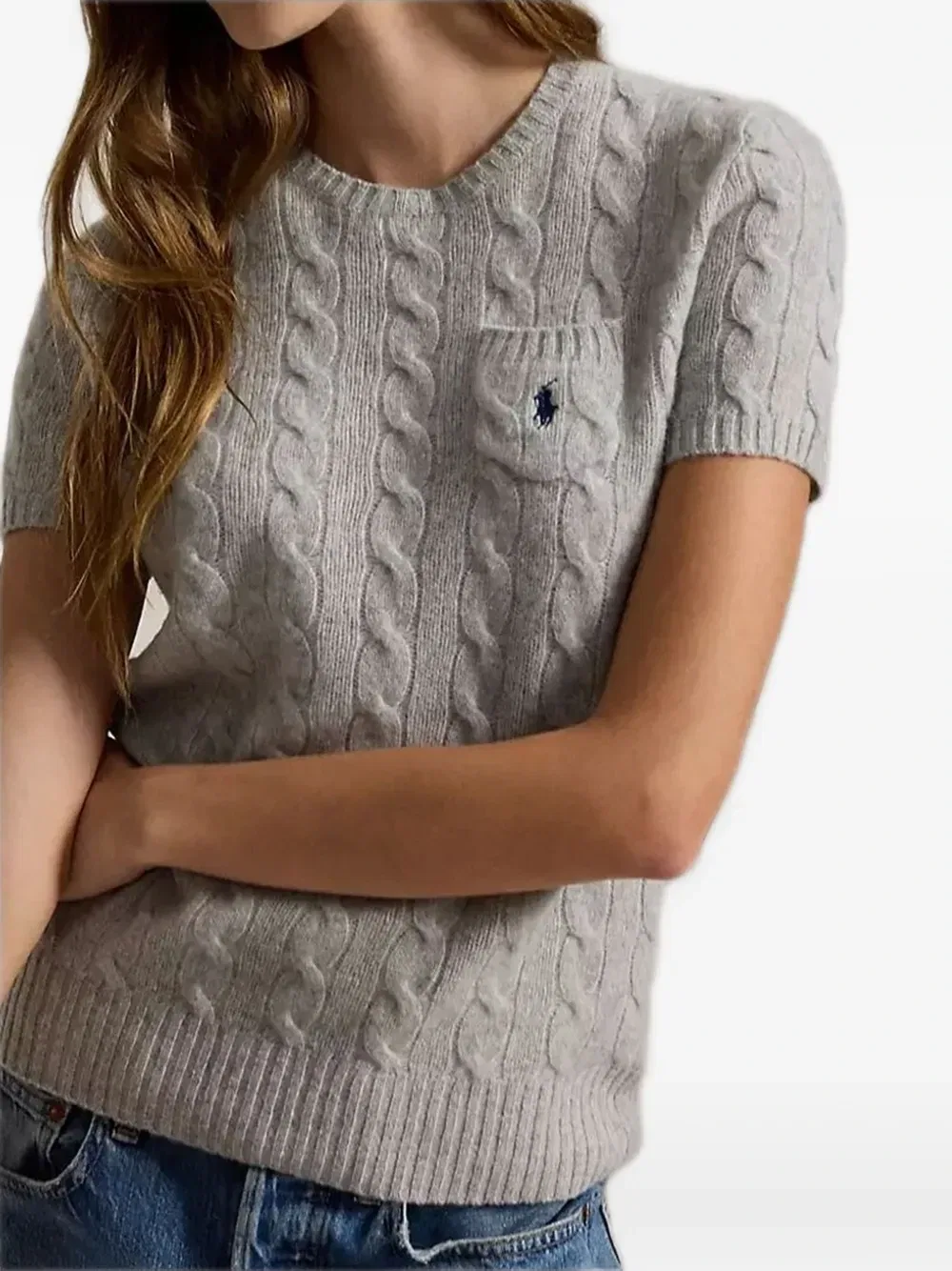Футболка с карманом на груди и узором «косы» POLO RALPH LAUREN, серый — фото 4