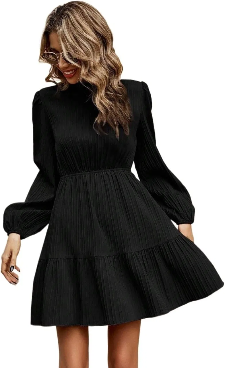 Женское короткое платье А-силуэта с воротником-стойкой, Black