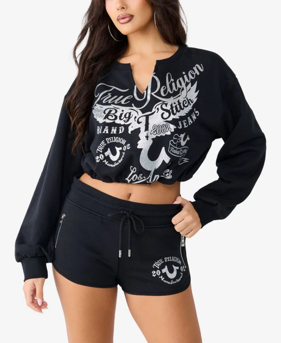 Свитшот женский укороченный с V-образным вырезом, с принтом True Religion, Jet Black
