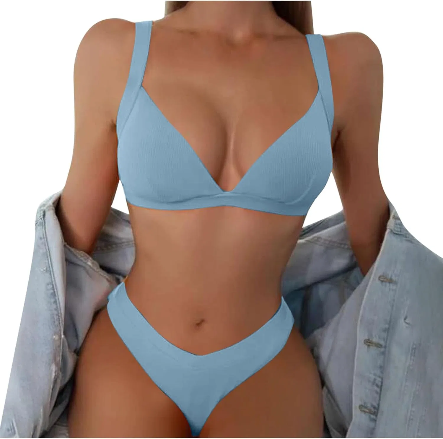Женский бикини-сет с V-образным вырезом и рифленой тканью Generic, Light Blue — фото 3