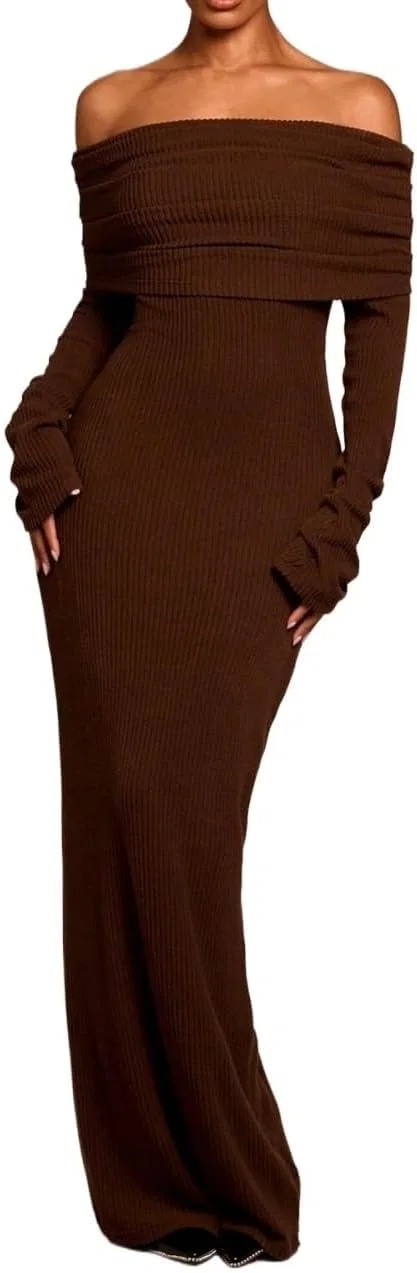 Женское платье с открытыми плечами Casual Long Sleeve, Coffee Brown