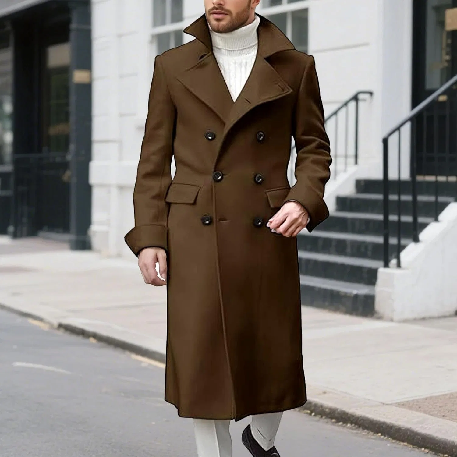 Мужское пальто с двубортной застежкой, модель Trench Coat, кофейный — фото 2