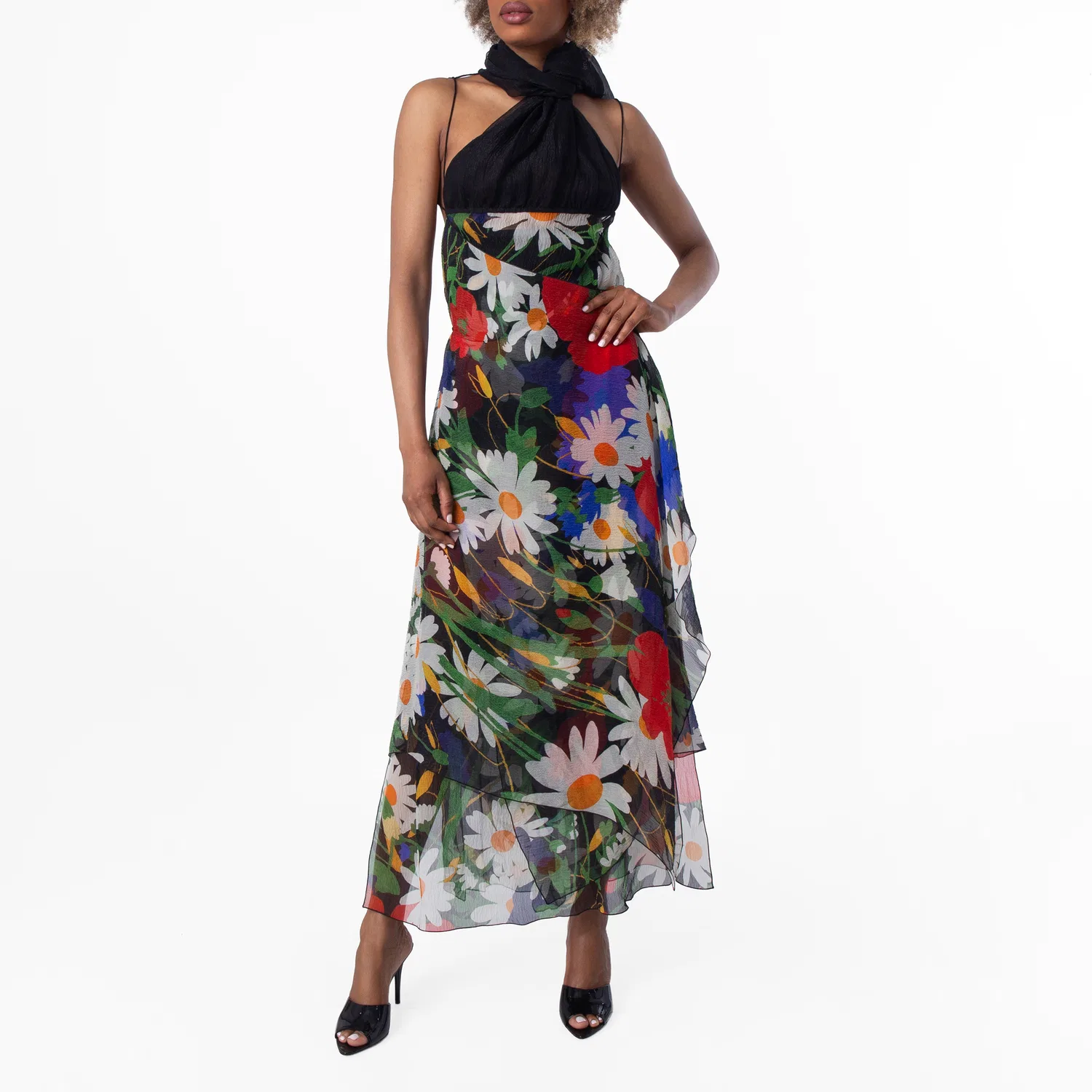 Платье-макси с принтом Daisy Garden Silk Blend Dress Burberry, Black Ip Pattern
