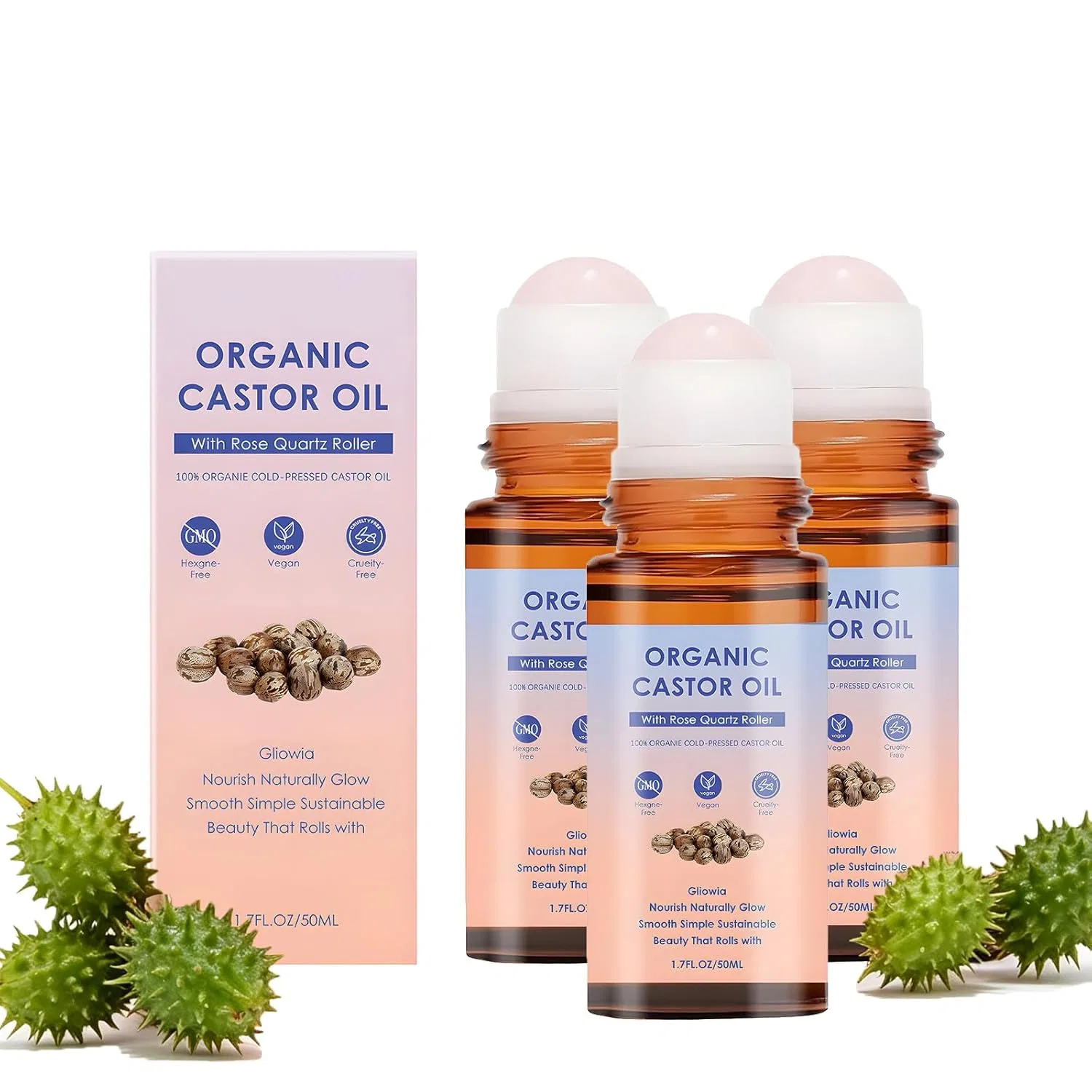 Масло для лица и волос Bio-Rizinusöl mit Rosenquarz-Roller, 50 мл, 3 шт Generic