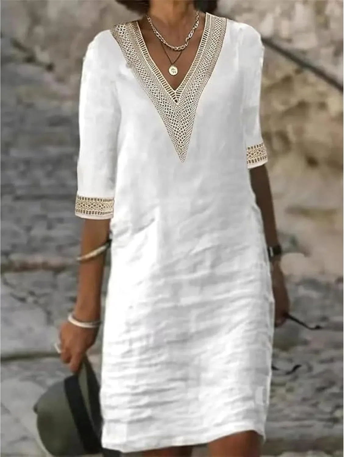 Женское летнее миди-платье с V-образным вырезом Cotton Linen, White — фото 2