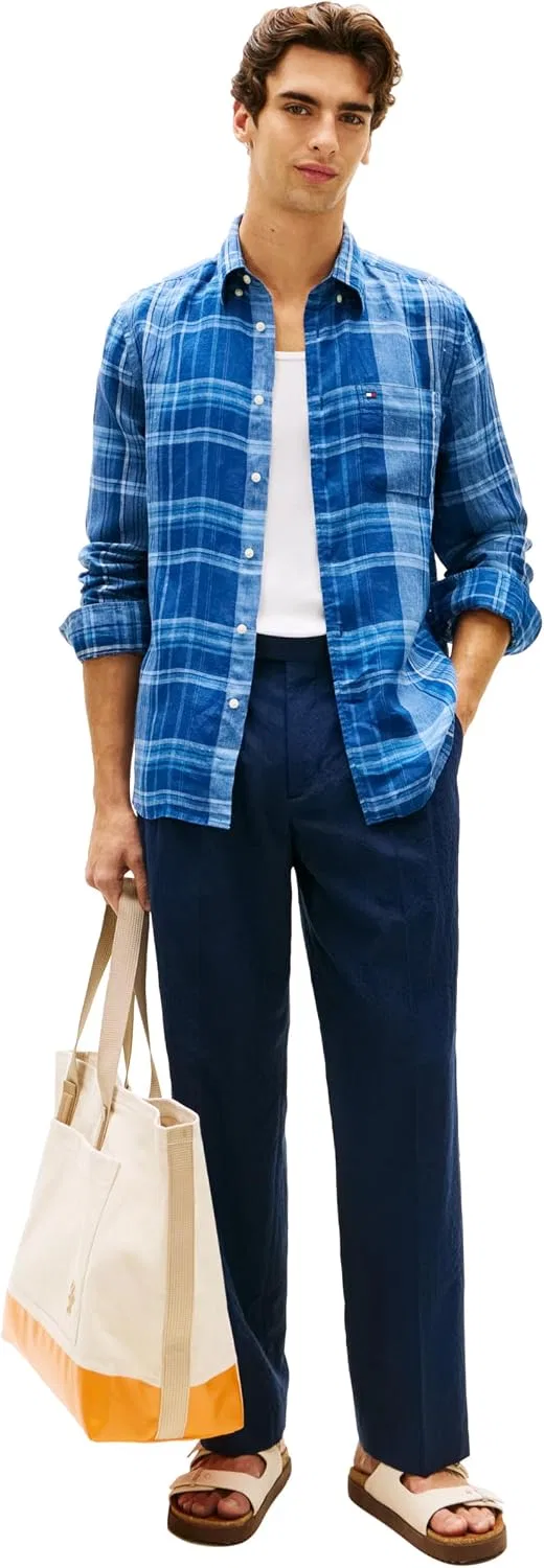 Мужская рубашка на пуговицах с длинным рукавом, льняная, Tommy Hilfiger, Brisk Blue Check — фото 4