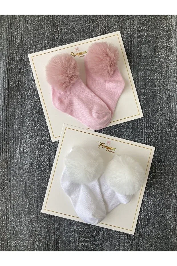Детские носки для девочек с помпонами Pempem Bandana, Pink-White