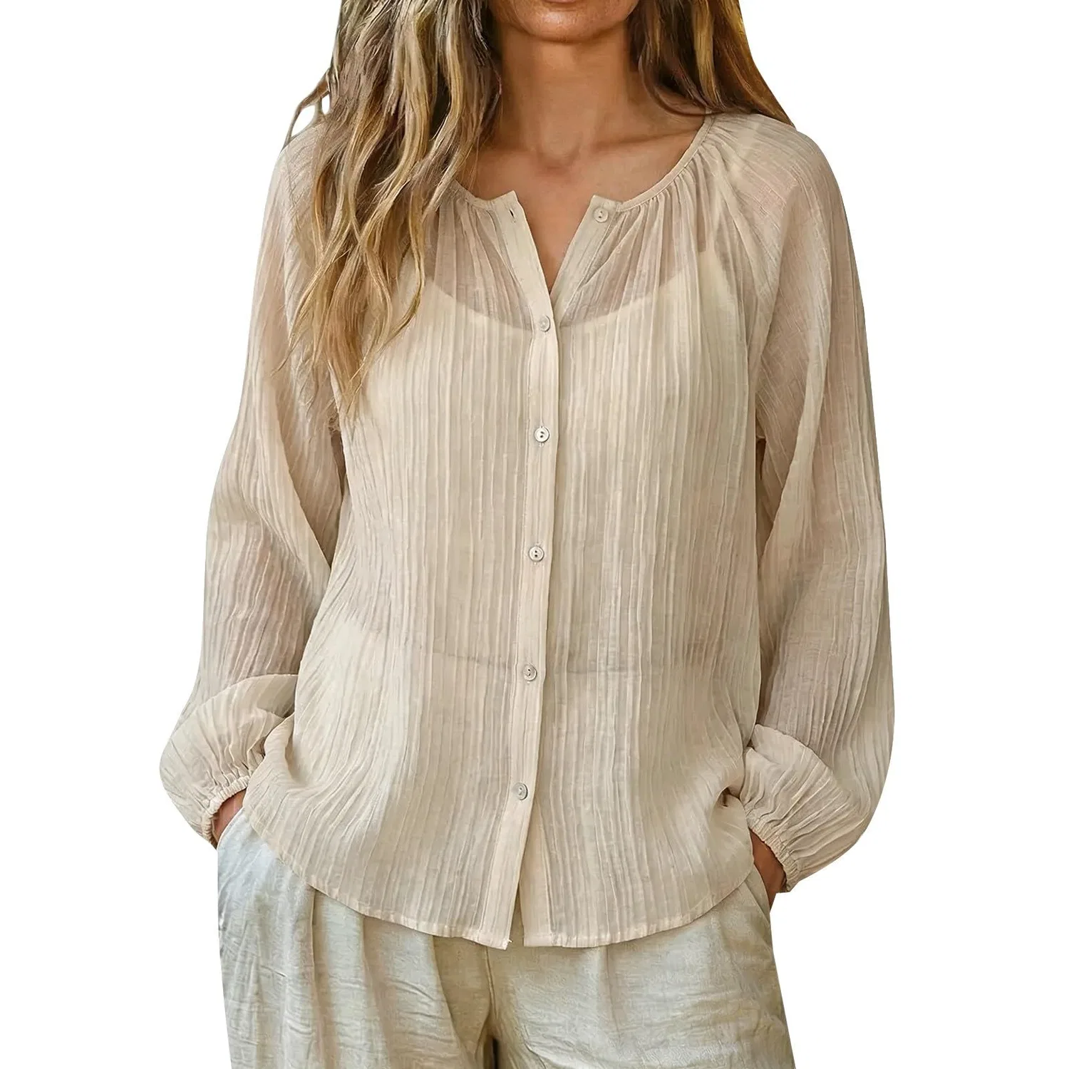 Женская блузка из хлопка и льна с длинным рукавом, Beige