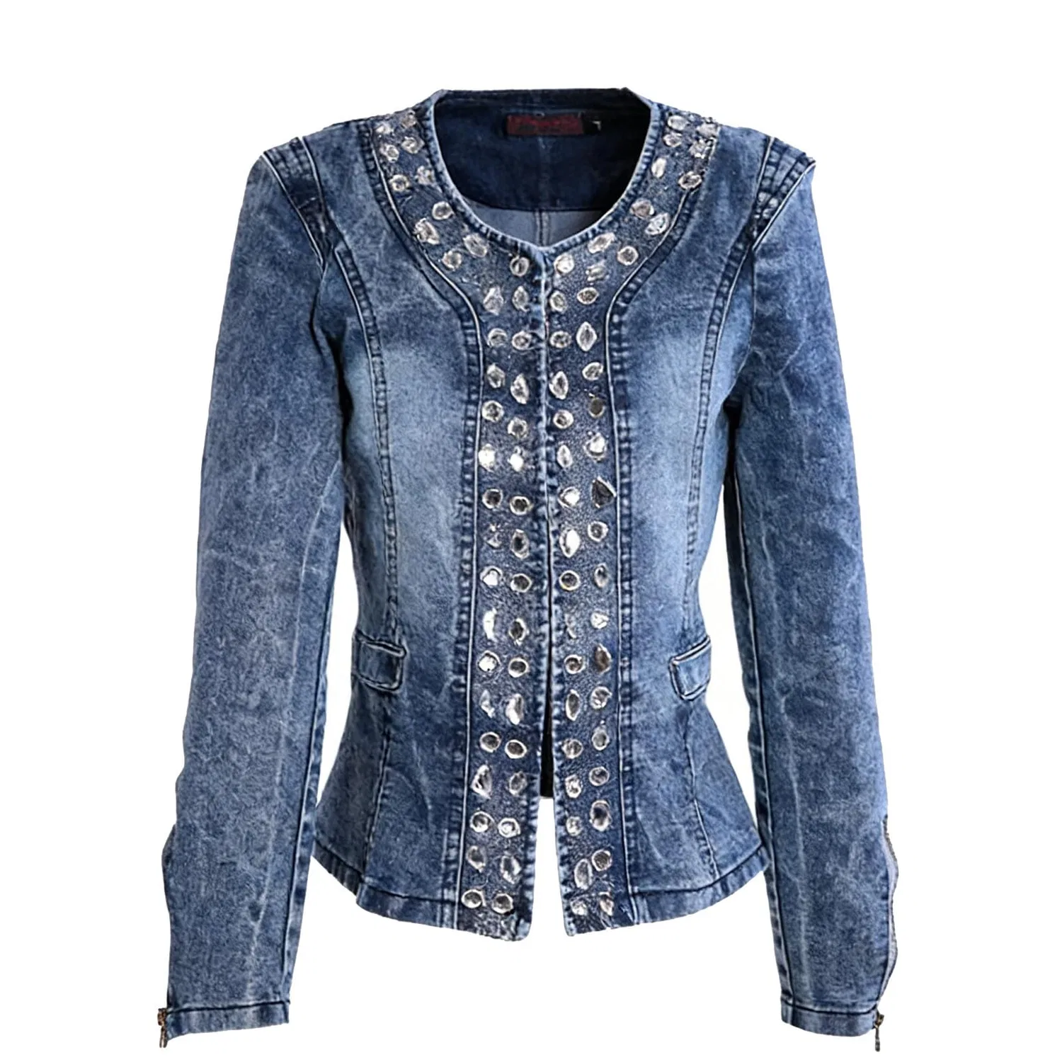 Женская джинсовая куртка с принтом, модель Giacca di jeans corta da donna con strass e paillettes, stile retrò, elasticizzata, con decorazioni scintillanti, blazer in denim oversize, per abbigliamento casual e quotidiano, taglie forti UK, Blu — фото 3